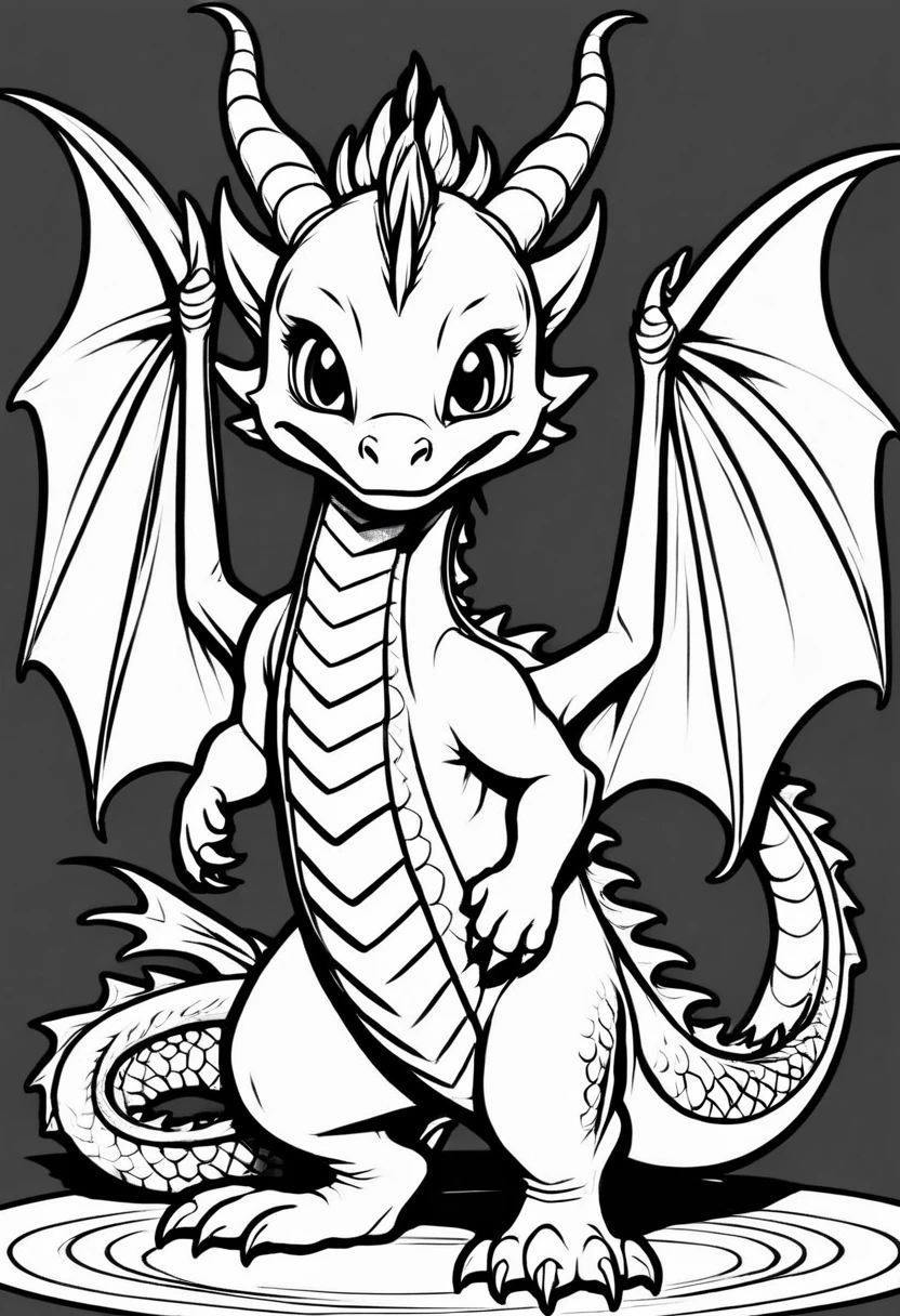 comic style, dragon, coloring book page, chibi style, draco, cartoon, kids coloring book, dance positions, entyre body, chinese dragon, entyre body, dragon body drawing, standing, opens your arms