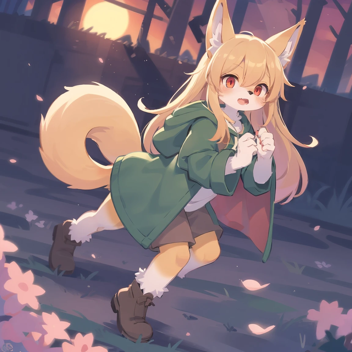 the fox, , was hairy, shaggy, skin fur, smooth lashes, golden fur, forelimb hands, straight long blonde hair, solid circle eyes, golden ears, golden fur, golden facial fur, shiny hair, red eyes, super cute face, 1fox tail, fluffy tail, furry tail, glowing eyes, green coat green hood down, brown trousers, her wolf pet, open mouth, embarrassed, ambient light, ultra-fine fur, dashed eyes, full body, masterpiece, high quality, high-details, best quality, wide short, (((solo))), twilight, sun light, red sky, rim light