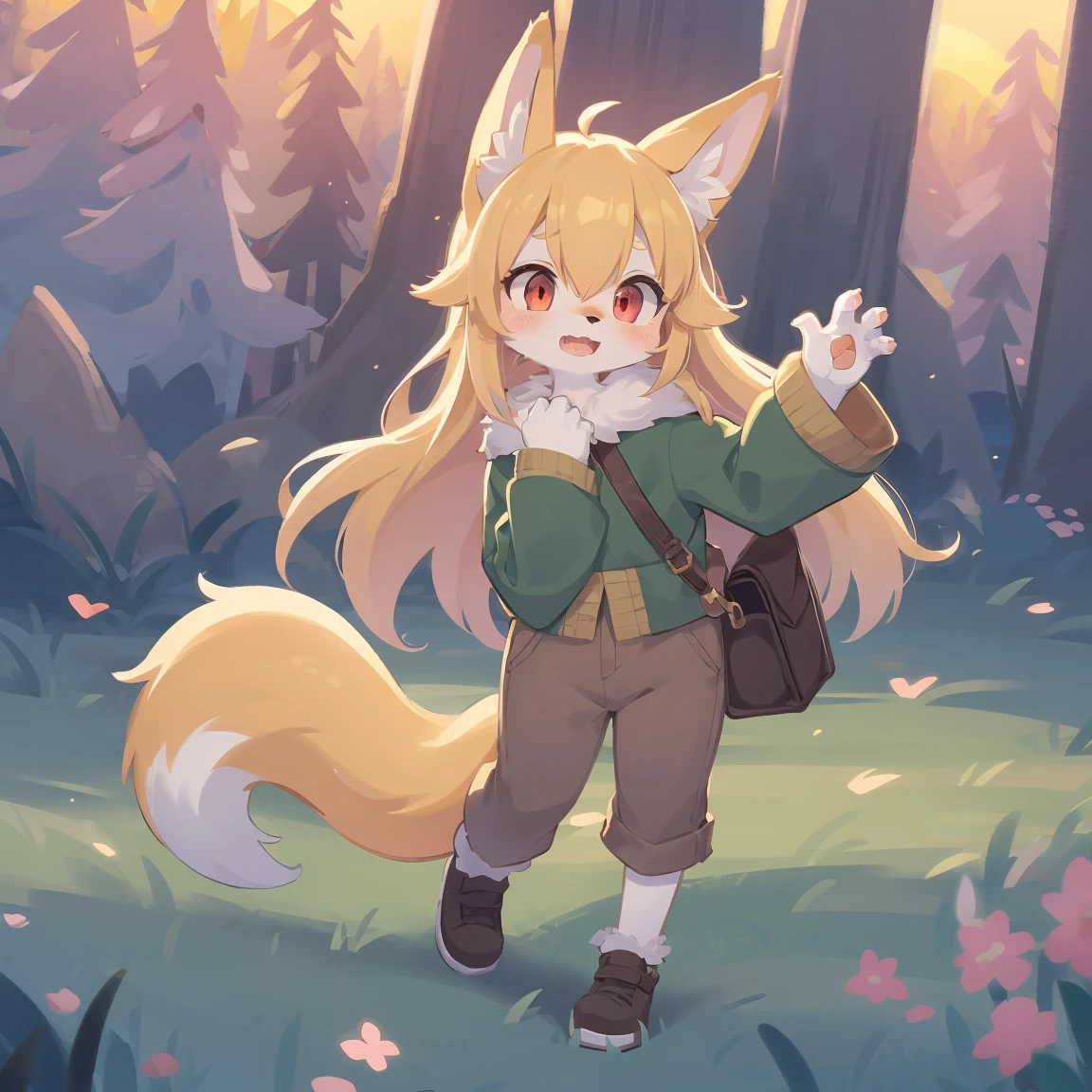 the fox, , was hairy, shaggy, skin fur, smooth lashes, golden fur, forelimb hands, straight long blonde hair, solid circle eyes, golden ears, golden fur, golden facial fur, shiny hair, red eyes, super cute face, 1fox tail, fluffy tail, furry tail, glowing eyes, green coat green hood down, brown trousers, her wolf pet, open mouth, embarrassed, ambient light, ultra-fine fur, dashed eyes, full body, masterpiece, high quality, high-details, best quality, wide short, (((solo))), twilight, sun light, red sky, rim light