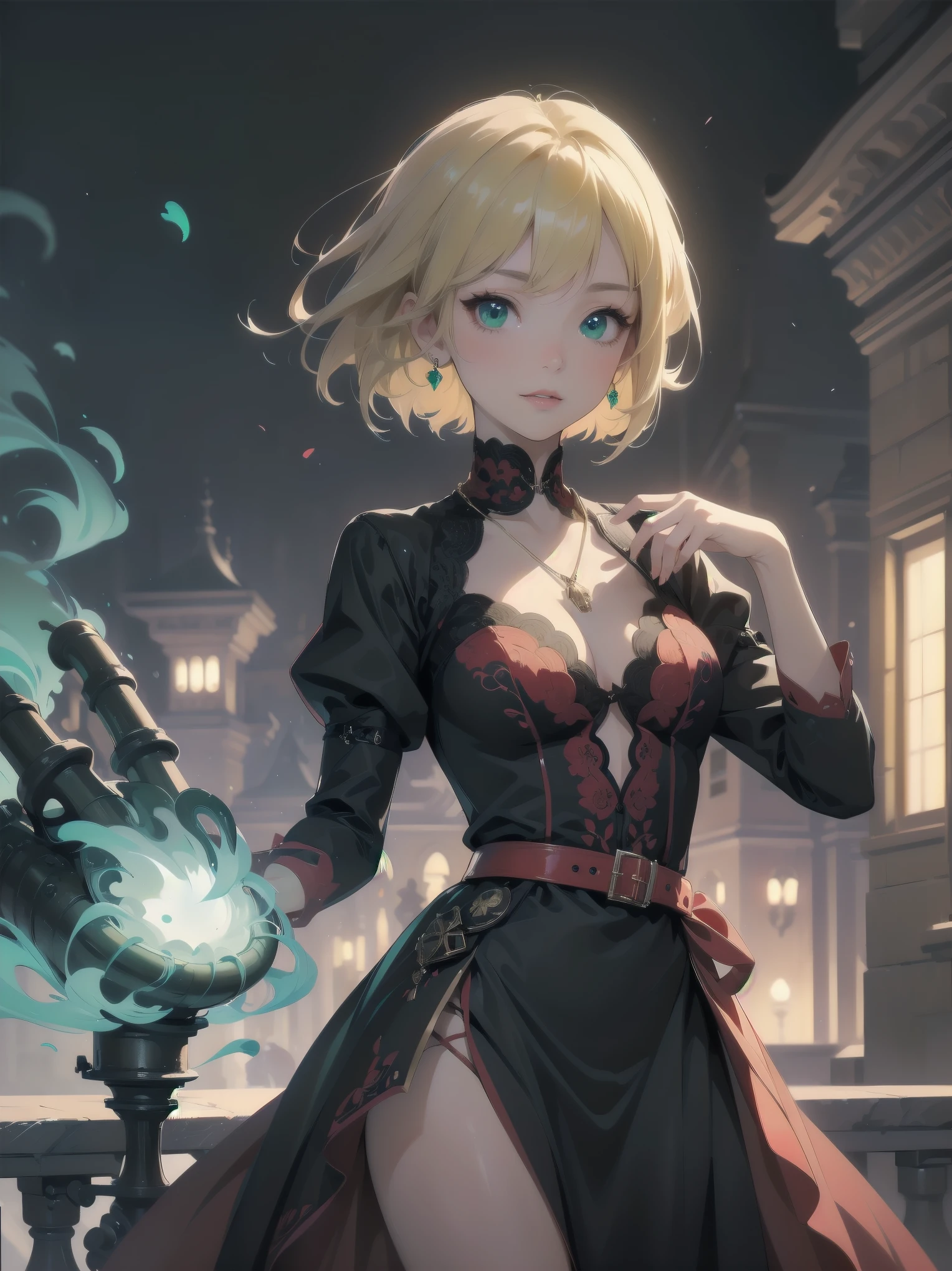 (masterpiece:1.2), (Highest quality:1.2), Ultra-high resolution, Very detailed, break, ((Anime girl standing with happiness in her hands)), Crazy girl, (1 person,Lolita,boyish, , 12 years old:1.3), A light smile, , girl who looks like a boy, Bob cut hair, ((Blonde Hair)), Messy Hair, A super-sized chest overflowing with soft fat masses、Waistline、Slender body, Small Ass, Small green eyes,Fine and beautiful eyes, Well-proportioned iris and pupil, Expressive eyes, Beautiful and detailed lips, High resolution detailed hair, Perfect Eyes, Perfect Face, ultra high density skin, Full Finger, Perfect lighting, break, ((Light green necklace)), ((Black and red luxury dress:1.3)), light green tie, Sparkling Sapphire, Lady, Wear white gloves, break, (steampunk), Castle balcony, Skyscraper, Night view, Equipment, pipe, (Steam spewing out from pipes:1.2), Fantasy, break, ((Positive:1.3)), break, Digital anime art,Anime style illustrations,Anime illustration