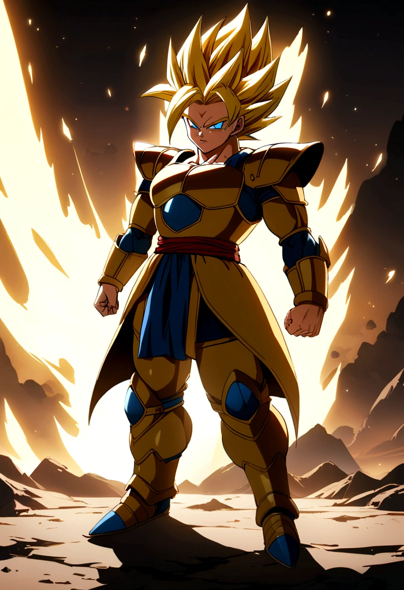 Super Saiyan, Male, yellow hair, blue eyes, Bardockarmor, full body image