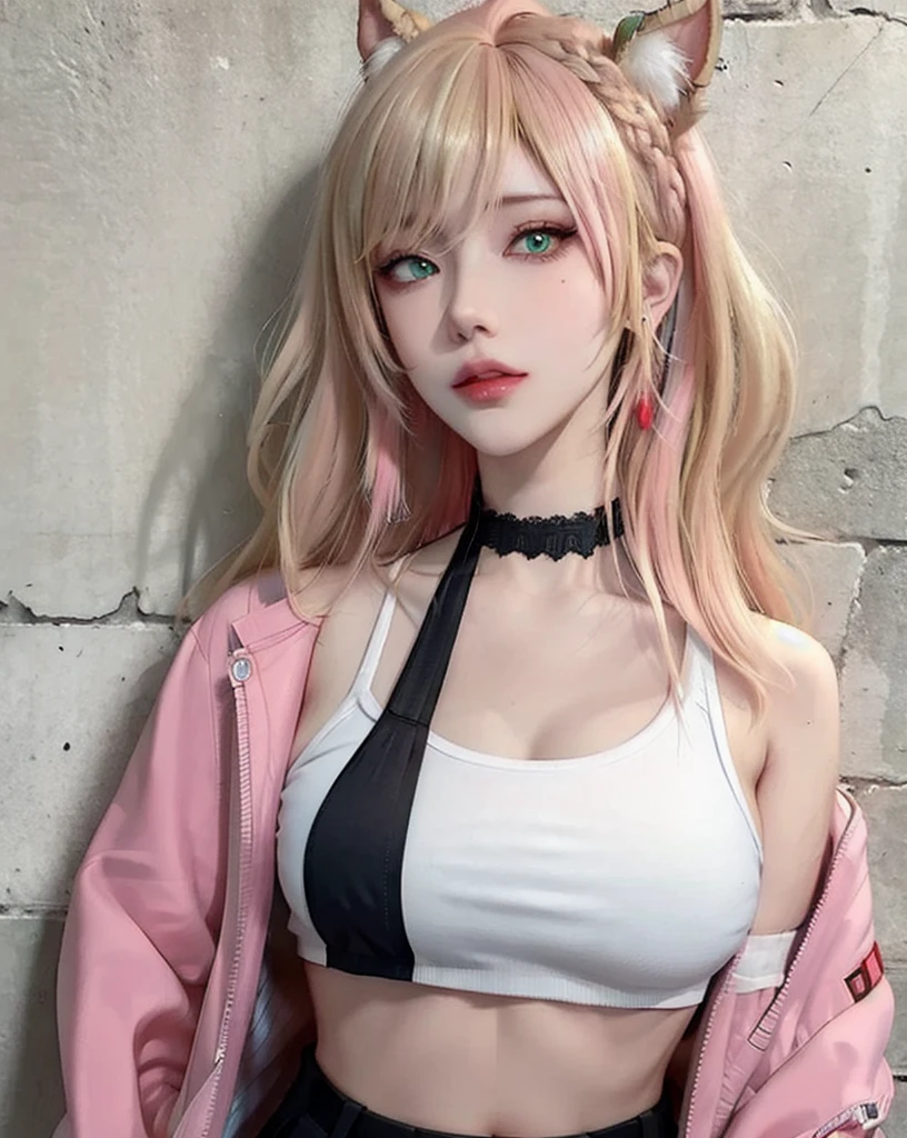 (Masterpiece, Best Quality, 1 girl, Alone, intricate details, chromatic aberration), realist, ((medium breath)),wide, blond hair, red head ornament, pink highlights, hair over one eye,green eyes, earrings, sharp eyes, choker, neon shirt, open jacket, crop top, mini skirt, (symmetry eyes),(Perfect symmetrical body),against the wall, brick wall, graffiti, dim lighting, alley ,look at the viewer