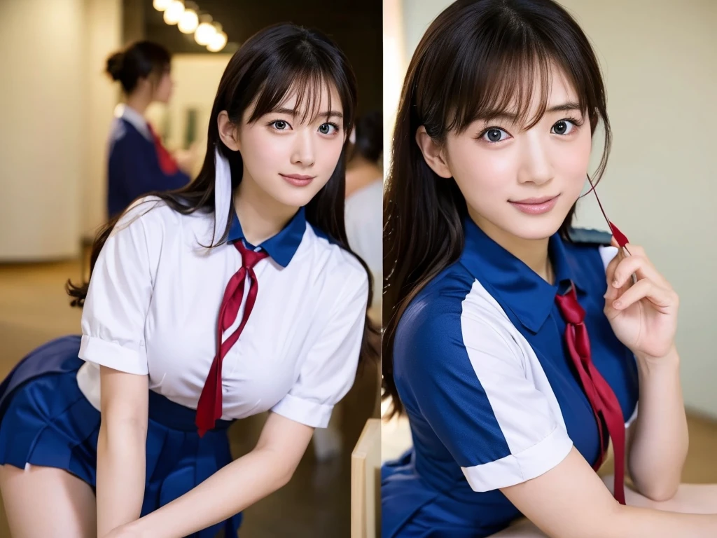 A live-action photo of an extremely beautiful Japanese high school girl race queen who highlights her large breasts and beautiful legs.、In a photo studio, she wears a cosplay uniform and takes promotional photos for compensated dating、She is an eternal idol who combines a clean look with modern charm.。 She creates such beauty。 She feels her own warmth。 She creates a warm atmosphere。 We create beauty。 That's what I want to say。 In her full body photo、The figure features porcelain-like skin and golden hair that radiates a soft glow.。 This is probably、It captured the essence of her timeless charm.、This is the best shot ever.。 Each straight line and curve is carefully expressed.、Breathtakingly beautiful with impeccable detail。 This piece perfectly captures her timeless beauty.。 Divine Proportions、Sharp focus、Full-body photo taken by Kishin Shinoyama、high quality、High resolution、Detailed Background