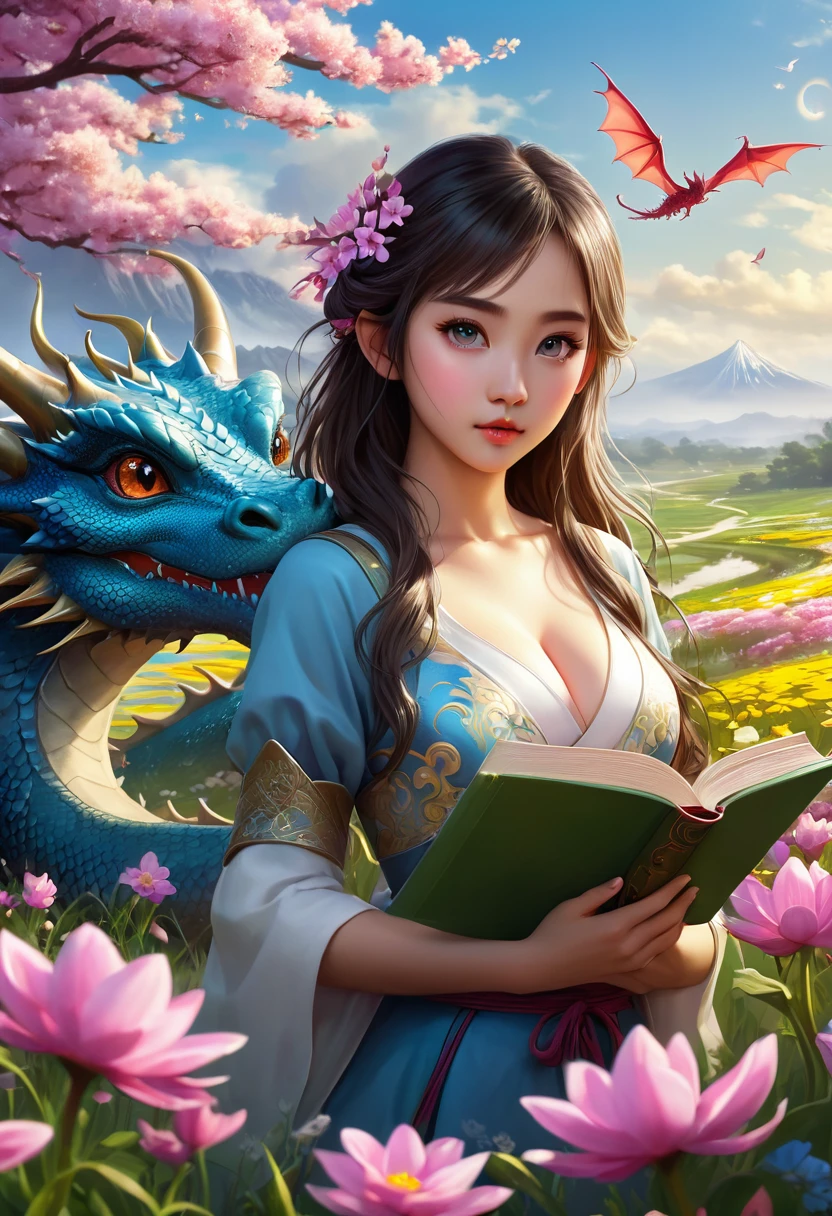 Girl with dragon and book in flower field, Fantasy art style, Detailed fantasy art, Fantasy artwork, Realなファンタジーアート, 4K Fantasy Art, Dragon Girl, epic Fantasy art style hd, HD fantasy art, Fantasy style art, Realなファンタジーアート, epic Fantasy art style, Amazing fantasy art, highly Detailed fantasy art、8K、RAW Photos、Highest quality、Real、Photorealistic、Professional Lighting、mix4、20d、Beautiful Teenage Woman、Japanese、1 female、Big beautiful eyes、Larger breasts