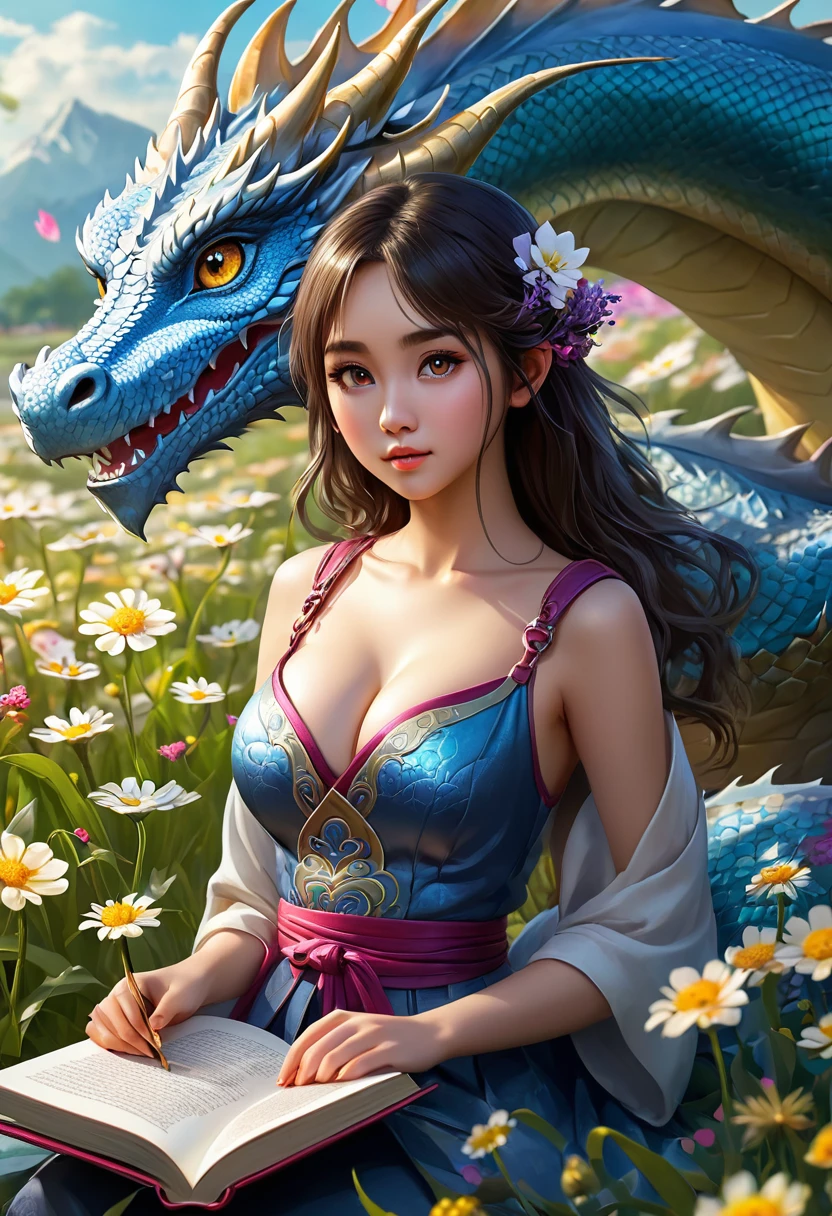 Girl with dragon and book in flower field, Fantasy art style, Detailed fantasy art, Fantasy artwork, Realなファンタジーアート, 4K Fantasy Art, Dragon Girl, epic Fantasy art style hd, HD fantasy art, Fantasy style art, Realなファンタジーアート, epic Fantasy art style, Amazing fantasy art, highly Detailed fantasy art、8K、RAW Photos、Highest quality、Real、Photorealistic、Professional Lighting、mix4、20d、Beautiful age Woman、Japanese、1 female、Big beautiful eyes、Larger breasts