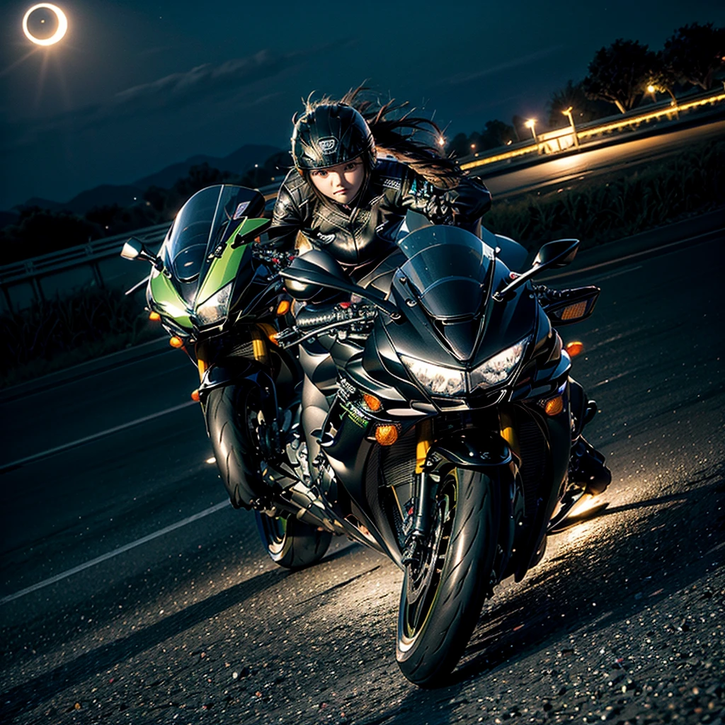 , night time , riding a kawasaki zx6r 2024, eclipse in the sky , landscape
