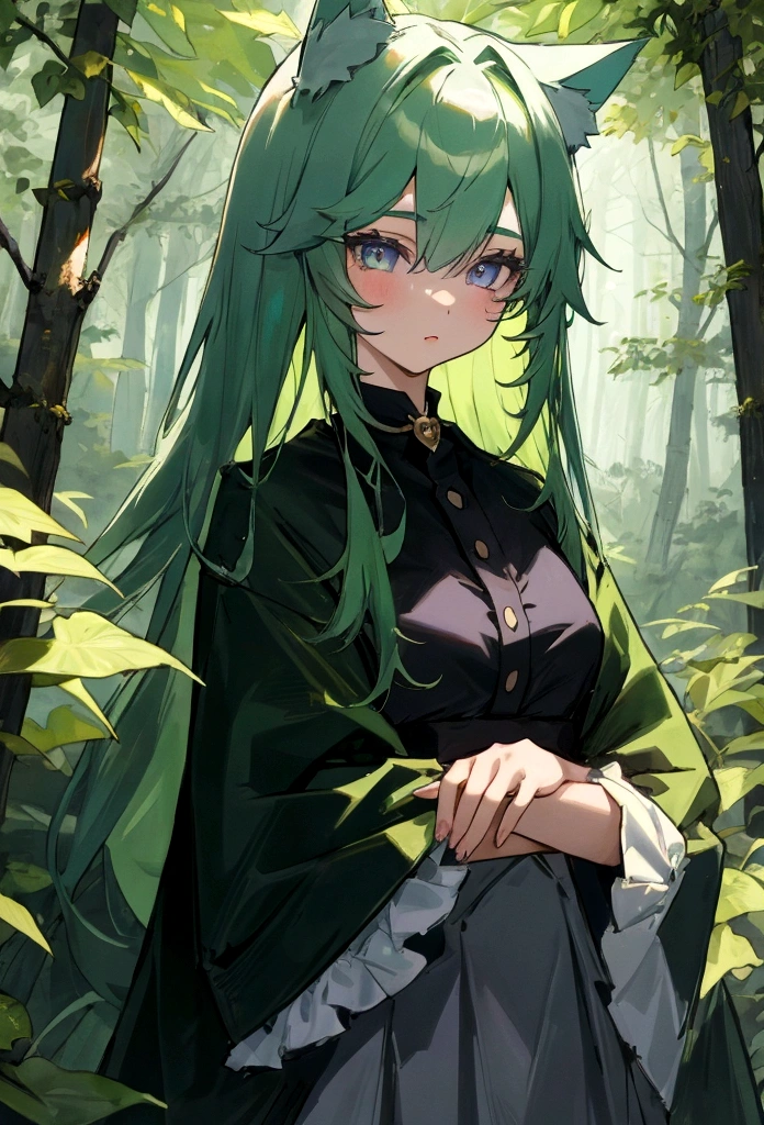 a girl with cat ears and green hair and lilac eyes in a forest at night