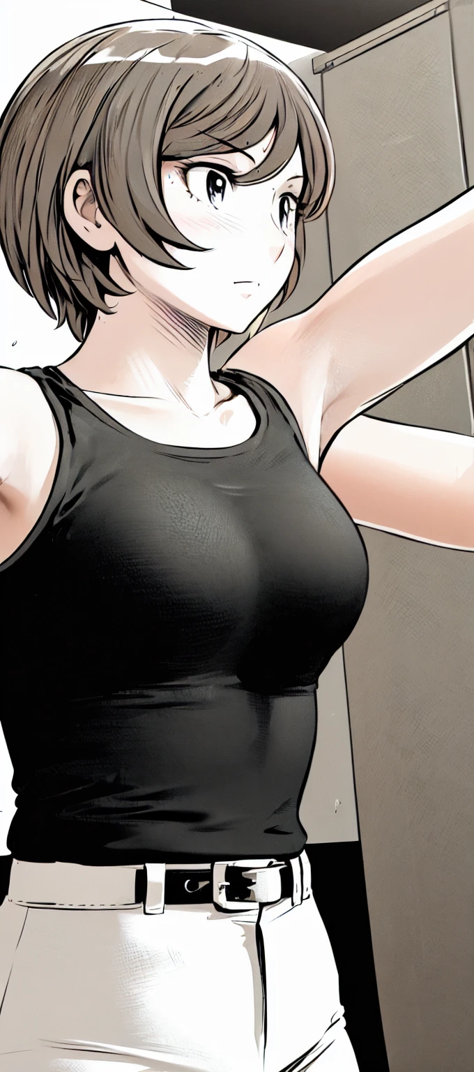 (short hair:1.2),Sleeveless、Black Shirt, turtleneck,White trousers、uniform、Black belt、((People illustrations))、Big Breasts、
View your audience,, (Highest quality:1.3),One Girl, White pants、uniform、blue eyes、Tight black shirt、(masterpiece、Highest quality)、Highest quality, Ultra-high resolution, (((masterpiece))), alone, Sweat、Big eyes、Big Breasts、One Girl, Front view、Embarrassed face、Bronze colored hair、((short hair))、locker room、Stretch your arms to the sides、Good posture、Stand upright、Stand up straight、Upper body close-up