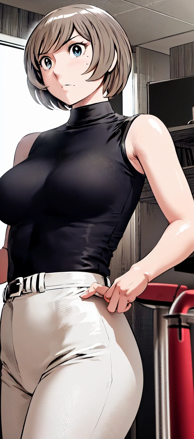 (short hair:1.2),Sleeveless、Black Shirt, turtleneck,White trousers、uniform、Black belt、((People illustrations))、Big Breasts、
View your audience,, (Highest quality:1.3),One Girl, White pants、uniform、blue eyes、Tight black shirt、(masterpiece、Highest quality)、Highest quality, Ultra-high resolution, (((masterpiece))), alone, Sweat、Big eyes、Big Breasts、One Girl, Front view、Embarrassed face、Bronze colored hair、((short hair))、locker room、Stretch your arms to the sides、Good posture、Stand upright、Stand up straight、Upper body close-up