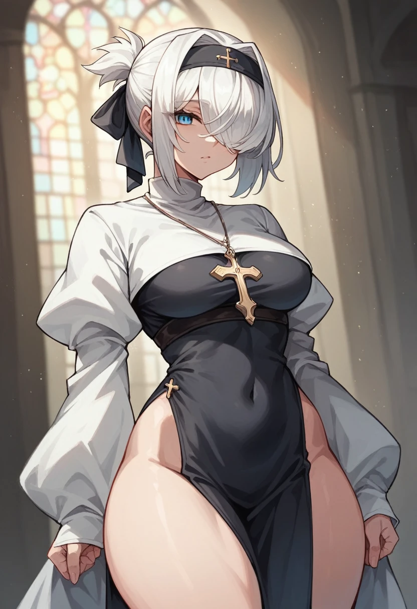 (A tall nun,White Hair,Hairstyle is short ponytail,Sharp blue eyes,Medium chest,Wide thighs,Right eye covered by hair)All-black monk&#39;s robes