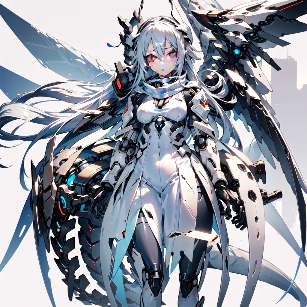 masterpiece, highest quality, highest resolution, clear_image, detailed details, White hair, long hair, cat ears, 1 girl, red eyes, white pantyhose, sci-fi military clothing, white scarf (white scarf around the neck with a light blue glow), gray futuristic halo (gray halo over the head), white wings (4 wings), cute, fulld body, no water marks, outer space