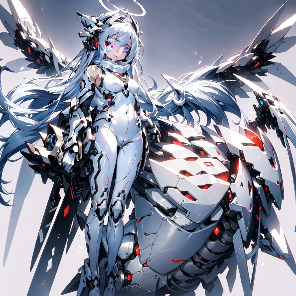 masterpiece, highest quality, highest resolution, clear_image, detailed details, White hair, long hair, cat ears, 1 girl, red eyes, white pantyhose, sci-fi military clothing, white scarf (white scarf around the neck with a light blue glow), gray futuristic halo (gray halo over the head), white wings (4 wings), cute, fulld body, no water marks, outer space