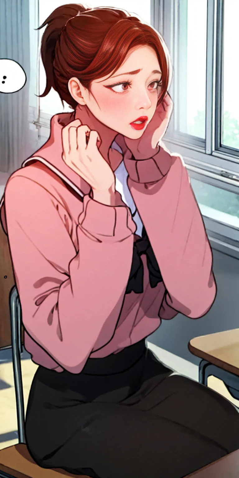 masterpiece:1.5, best quality:1.5, aesthetic, 1girl, sidelocks, cinematic lighting, sharp focus,large breasts , mature female, horny ,16k, glowing eyes, detailed 4k eyes, playground,seduction,sexy lips, parted lips,detailed lips, red lips, high detailed background,((light pink eyes)), detailed face,(shiny skin:1.3), auntjunev2,hair bun, bangs, messy hair,,AuntJune, desk, pantyhose, solo, sitting, school desk, , brown hair, classroom, indoors, black pantyhose, chair, skirt, brown eyes, serafuku, blush, ponytail, window, head rest, black skirt, black serafuku, breasts, school chair, long sleeves, sailor collar, open mouth, jacket, mature female, large breasts, lips, looking away, long hair, school bag