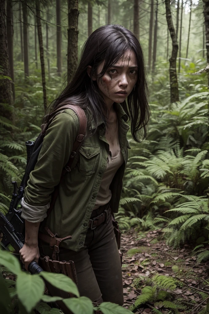 Woman alone in the forest, in a zombie apocalypse, a little bruised and armed