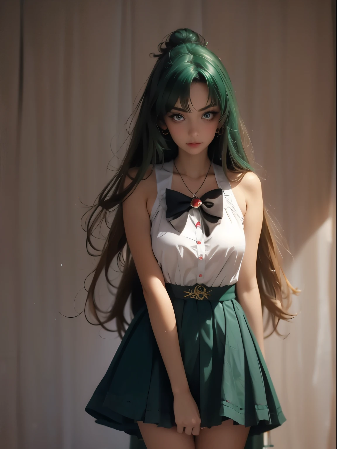 sailor pluto, 1 girl, dark green hair, long hair, brown eyes, detailed eyes, simple background, female focus, alone, Standing, Setsuna Meio, portrait, full body, (Masterpiece:1.0), (best quality:1.0 ), (wallpaper 8k:1.0), (detailed beautiful face:1.0), (detailed deep eyes), deep eyes, looking at viewer, sailor scout, brown bow on chest, brown skirt, white gloves,