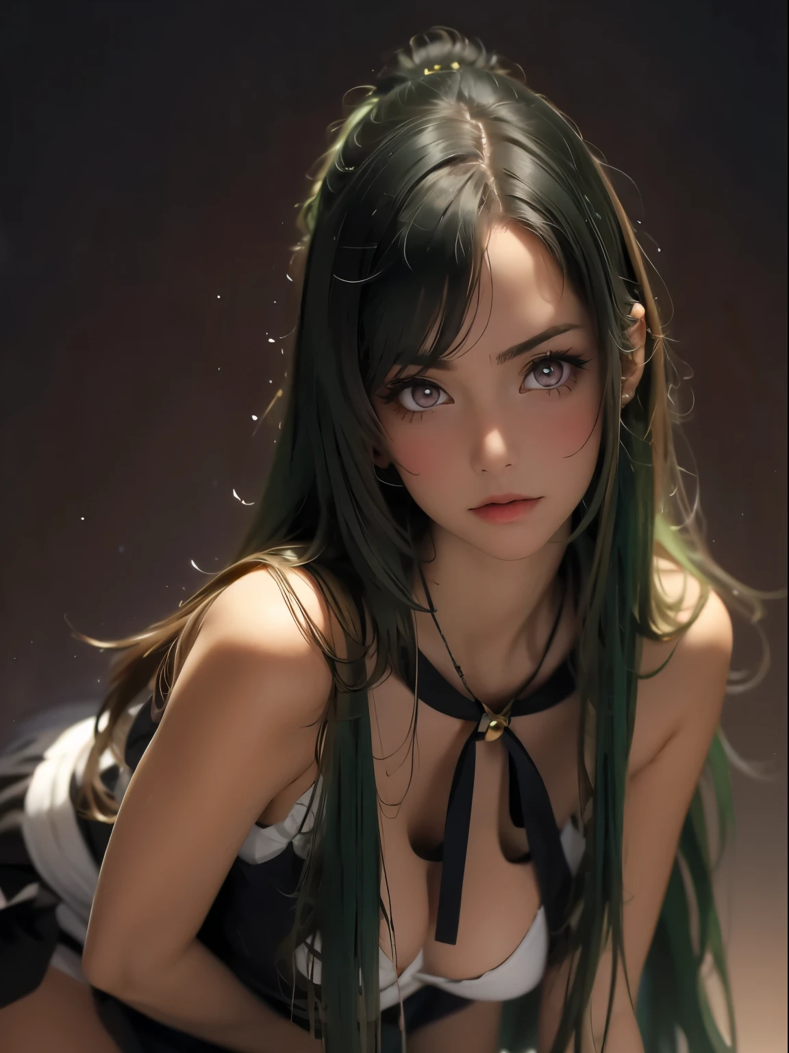 sailor pluto, 1 girl, dark green hair, long hair, brown eyes, detailed eyes, simple background, female focus, alone, Standing, Setsuna Meio, portrait, full body, (Masterpiece:1.0), (best quality:1.0 ), (wallpaper 8k:1.0), (detailed beautiful face:1.0), (detailed deep eyes), deep eyes, looking at viewer, sailor scout, brown bow on chest, brown skirt, white gloves,