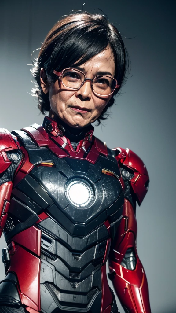 Highest quality 8k Iron Man Suit Girl Glasses Middle-aged women Sweaty face cute short hair boyish Steam coming from the head My hair is wet with sweat Black hair feel Full body portrait My upper body is soaked Spread your legs I can see the vagina front Angle from below