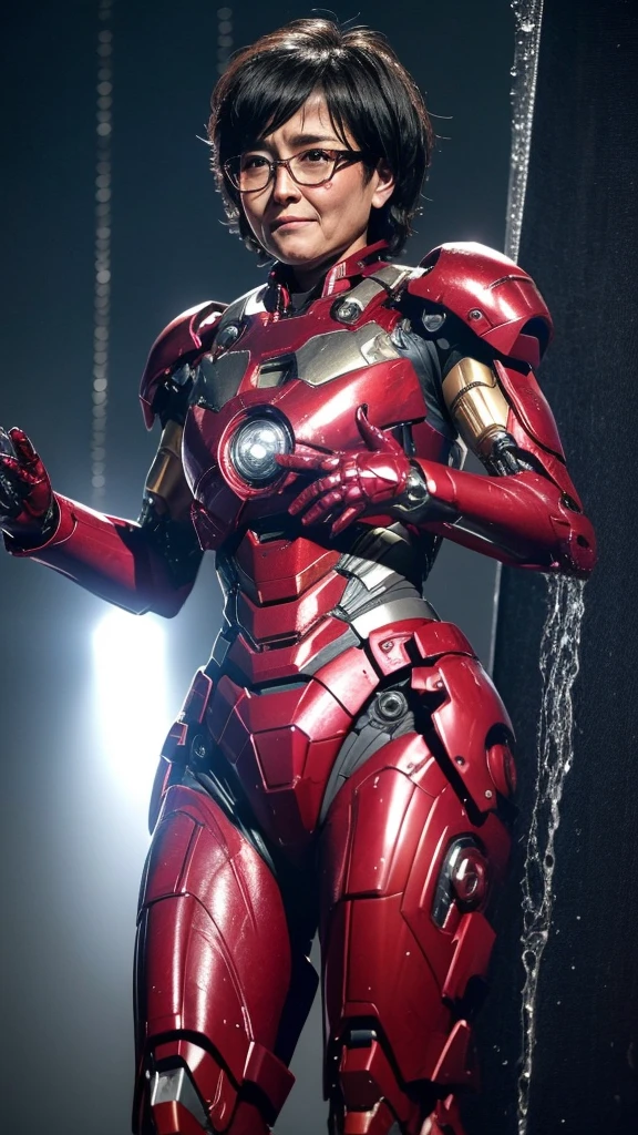 Highest quality 8k Iron Man Suit Girl Glasses Middle-aged women Sweaty face cute short hair boyish Steam coming from the head My hair is wet with sweat Black hair feel Full body portrait My upper body is soaked Spread your legs I can see the vagina front Angle from below
