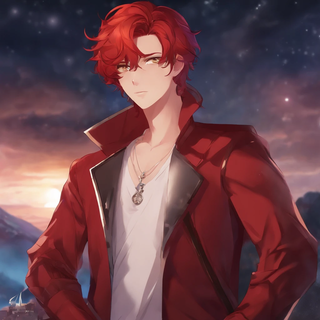 1 boy, handsome boy, red hair,, , shiny, Red eyes, looking at viewer, upper body, baground universe