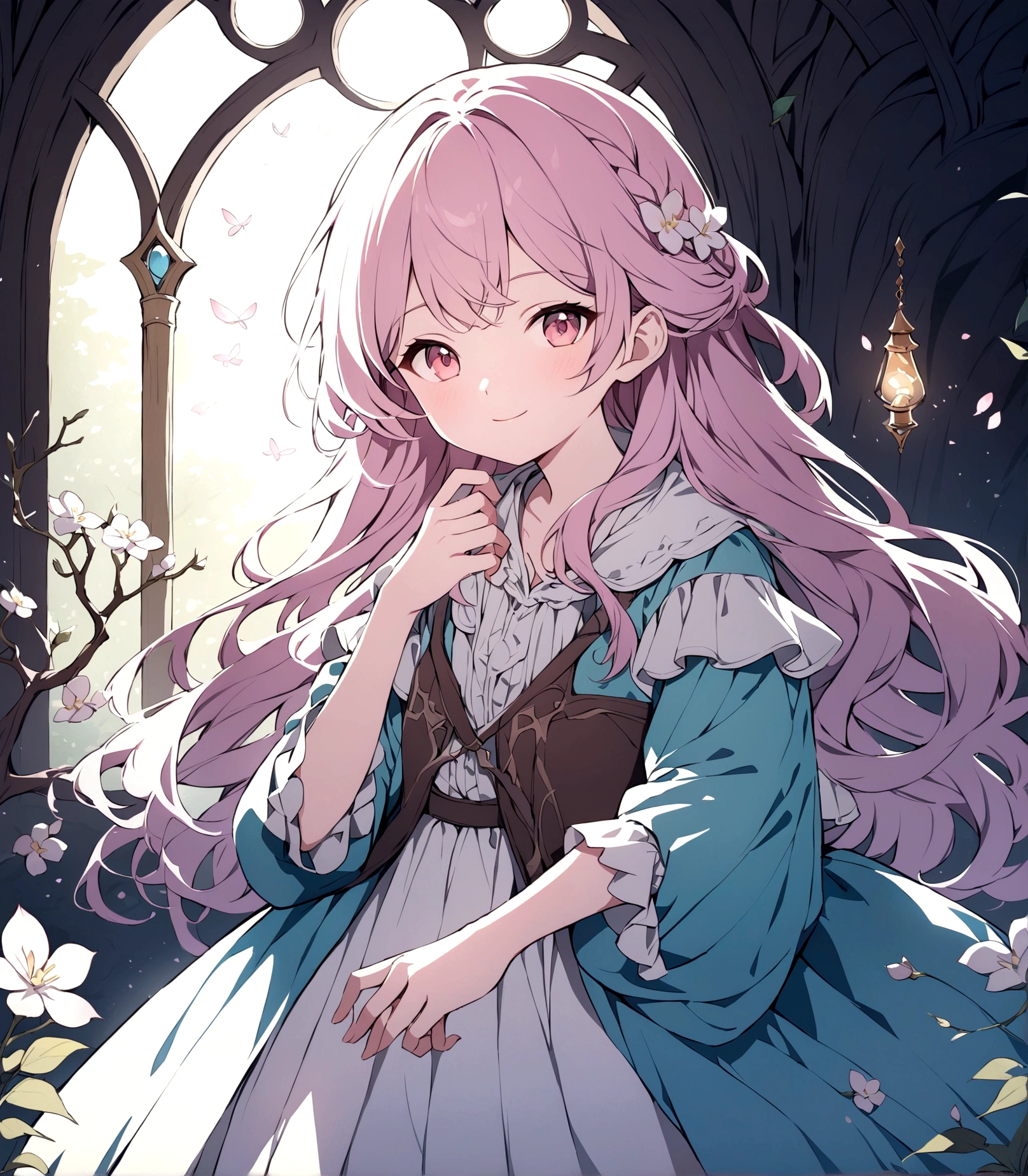 natural lighting, light smile, coquettish hair, spring ephemeral, dress, wizard, alchemist, fantasy, magic,