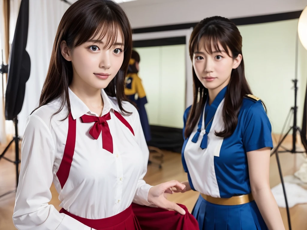 A live-action photo of an extremely beautiful Japanese high school girl race queen who highlights her large and beautiful legs.、In a photo studio, she wears a cosplay uniform and takes promotional photos for compensated dating、She is an eternal idol who combines a clean look with modern charm.。 She creates such beauty。 She feels her own warmth。 She creates a warm atmosphere。 We create beauty。 That's what I want to say。 In her full body photo、The figure features porcelain-like skin and golden hair that radiates a soft glow.。 This is probably、It captured the essence of her timeless charm.、This is the best shot ever.。 Each straight line and curve is carefully expressed.、Breathtakingly beautiful with impeccable detail。 This piece perfectly captures her timeless beauty.。 Divine Proportions、Sharp focus、Full-body photo taken by Kishin Shinoyama、high quality、High resolution、Detailed Background