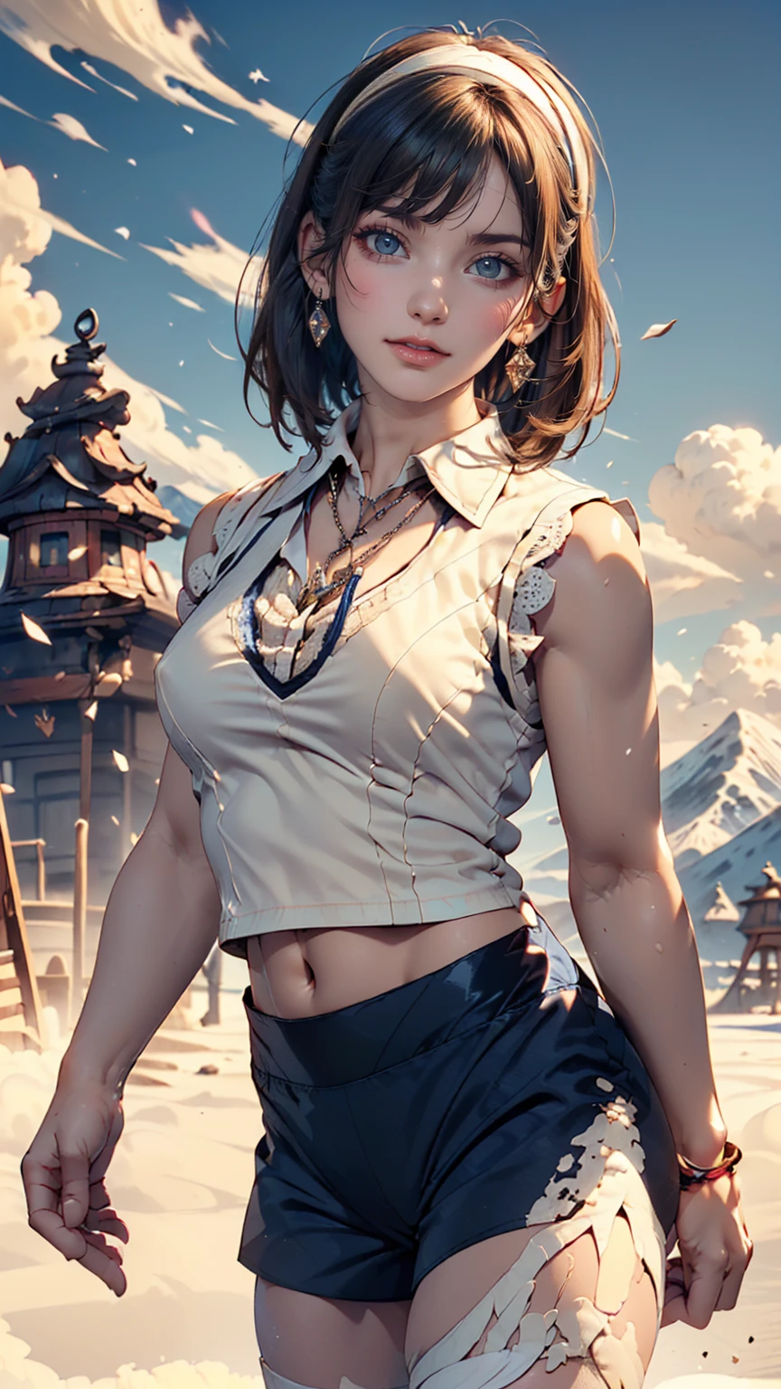 ((((Highest quality))))、(((Ultra-precision CG16K wallpaper)))、(((masterpiece)))、(((Very detailed)))、(((Attention to detail)))、((129 year old mature woman:1.6))、((人のとてもbeautiful日本の顔))、((Urizane Face:1.8))、((Medium Straight Hair:1.8))、(Shiny Hair)、繊細に描かれたbeautiful顔、Dark Eyes、double eyelid、High nose、Small nostrils、Small Mouth、Seductive lips、beautiful breasts、((C cup size breasts))、Cleavage、Small belly button、beautiful feet、Thin thighs、eight-headed body、Perfect proportions、Perfect Anatomy、Perfect composition、beautiful detailed shading、beautiful, Natural light、beautiful detail glow、Written boundary depth、(((High chroma)))、(((Genuine:1.9)))、((Vivid:1.5))、((beautiful Skin))、((Skin Texture))、((Genuineな皮膚感))、(((Cowboy Shot:1.6)))、(((Front view、Shoot from the front、Front Low Angle:1.6)))、(((smile:1.4)))、((View your viewers:1.6))、Bright sunlight、Natural light、(((plateau、Mountain、cloud:1.5)))、(Walking pose:1.6)、(((Cream ivory sleeveless collared open front shirt&Navy blue low rise open front yoga shorts:1.6)))、((hair band、necklace、Wear earrings:1.5))、((Lace Stockings Clothed:1.3))、
