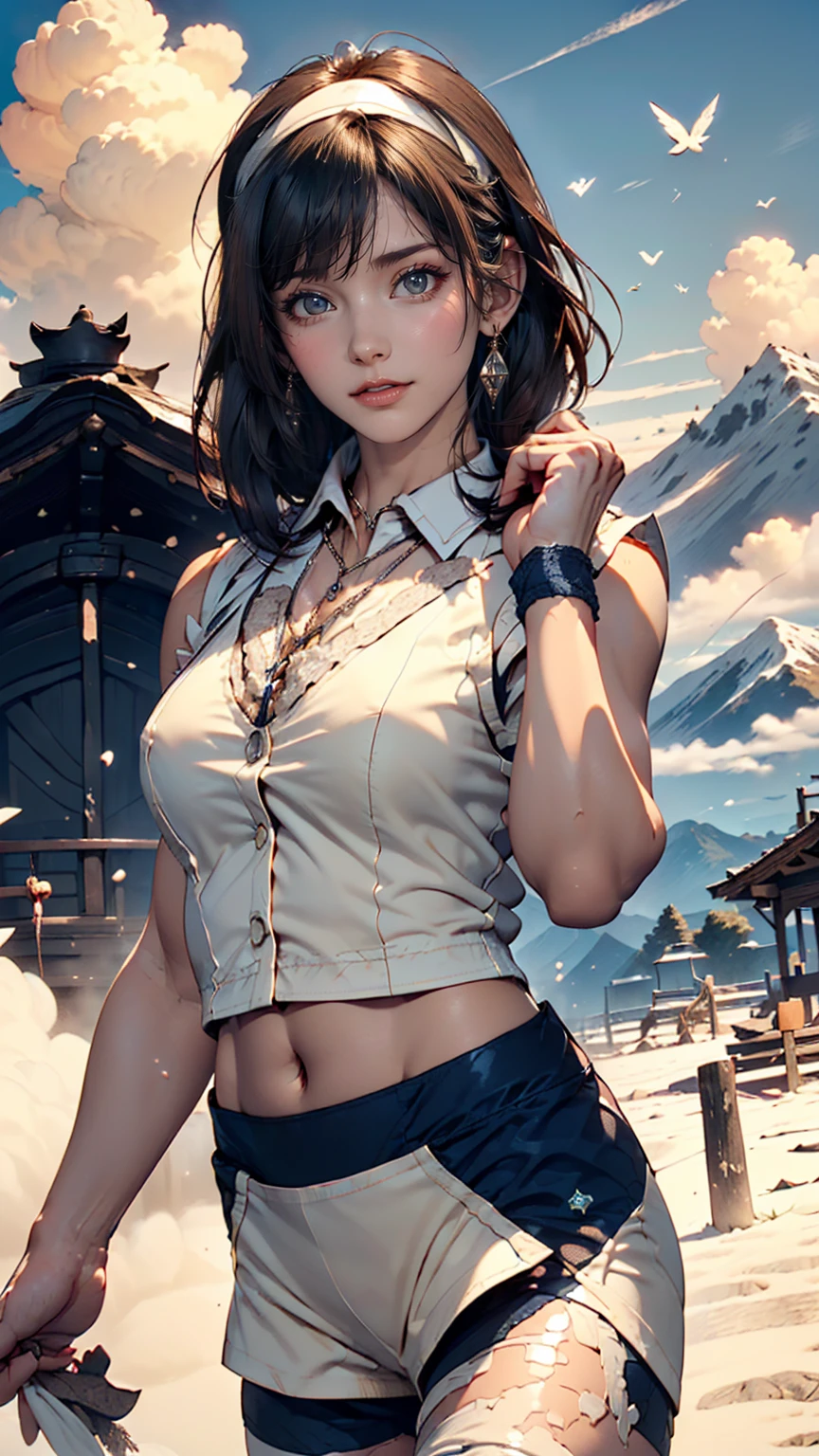 ((((Highest quality))))、(((Ultra-precision CG16K wallpaper)))、(((masterpiece)))、(((Very detailed)))、(((Attention to detail)))、((129 year old mature woman:1.6))、((人のとてもbeautiful日本の顔))、((Urizane Face:1.8))、((Medium Straight Hair:1.8))、(Shiny Hair)、繊細に描かれたbeautiful顔、Dark Eyes、double eyelid、High nose、Small nostrils、Small Mouth、Seductive lips、beautiful breasts、((C cup size breasts))、Cleavage、Small belly button、beautiful feet、Thin thighs、eight-headed body、Perfect proportions、Perfect Anatomy、Perfect composition、beautiful detailed shading、beautiful, Natural light、beautiful detail glow、Written boundary depth、(((High chroma)))、(((Genuine:1.9)))、((Vivid:1.5))、((beautiful Skin))、((Skin Texture))、((Genuineな皮膚感))、(((Cowboy Shot:1.6)))、(((Front view、Shoot from the front、Front Low Angle:1.6)))、(((smile:1.4)))、((View your viewers:1.6))、Bright sunlight、Natural light、(((plateau、Mountain、cloud:1.5)))、(Walking pose:1.6)、(((Cream ivory sleeveless collared open front shirt&Navy blue low rise open front yoga shorts:1.6)))、((hair band、necklace、Wear earrings:1.5))、((Lace Stockings Clothed:1.3))、