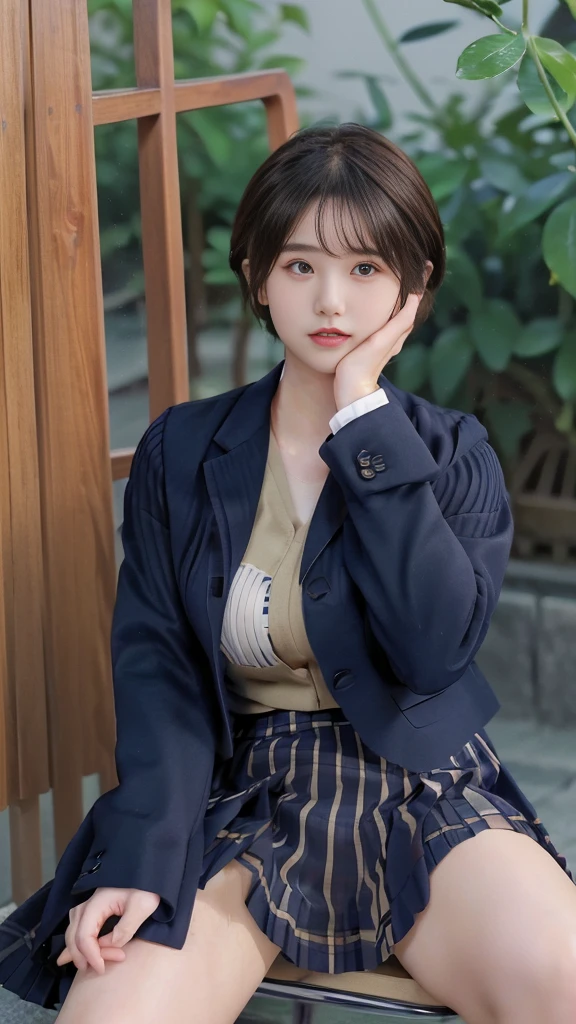 Best-quality, Masterpiece, Ultra-High-Resolution, (Photorealistic:1.4), Raw-Photo, Extremely-Detailed, Perfect-Anatomy, 

1girl, 18-years-old, the famous Japanese idol, front view, sitting on luxury chair, innocent smile, (((spread legs))), (((hands on head))), (((wearing only navy-blue-pleated-skirt on lower-body, wearing only navy-blue-blazer on upper-body))), ((extremely cute face like a most popular Japanese idol, extremely beautiful large-black-solid-circle-eyes, extremely beautiful blonde short-cut-haired)), extremely beautiful lips, extremely beautiful white skins, extremely beautiful long-eyelashes, extremely beautiful inner-thighs, extremely beautiful legs，Super huge breasts，Cleavage