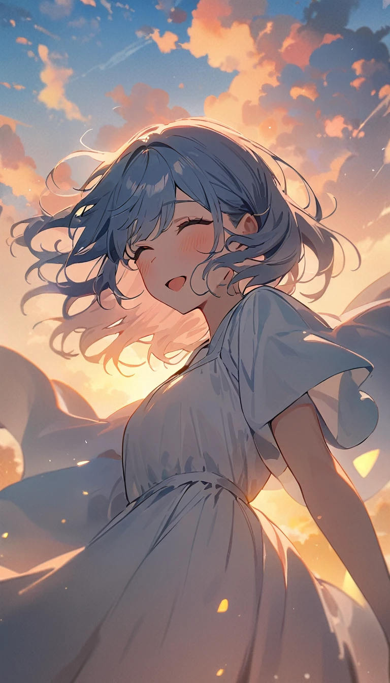 masterpiece, Highest quality, Movie stills, 1 Girl, Cloud Girl, Floating in the sky, close, bright, Happy, Warm and soft lighting, sunset, (spark:0.7)