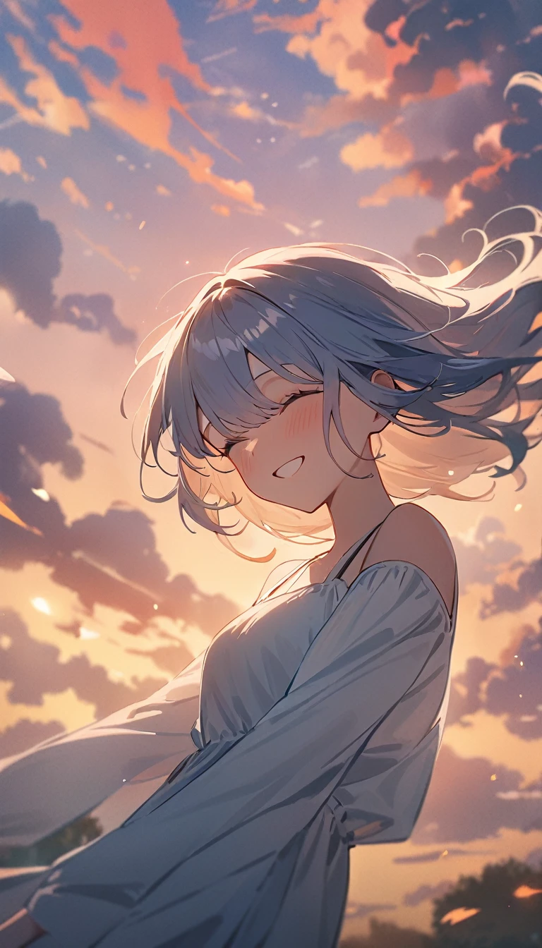 masterpiece, Highest quality, Movie stills, 1 Girl, Cloud Girl, Floating in the sky, close, bright, Happy, Warm and soft lighting, sunset, (spark:0.7)