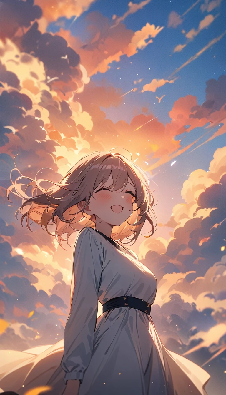 masterpiece, Highest quality, Movie stills, 1 Girl, Cloud Girl, Floating in the sky, close, bright, Happy, Warm and soft lighting, sunset, (spark:0.7)