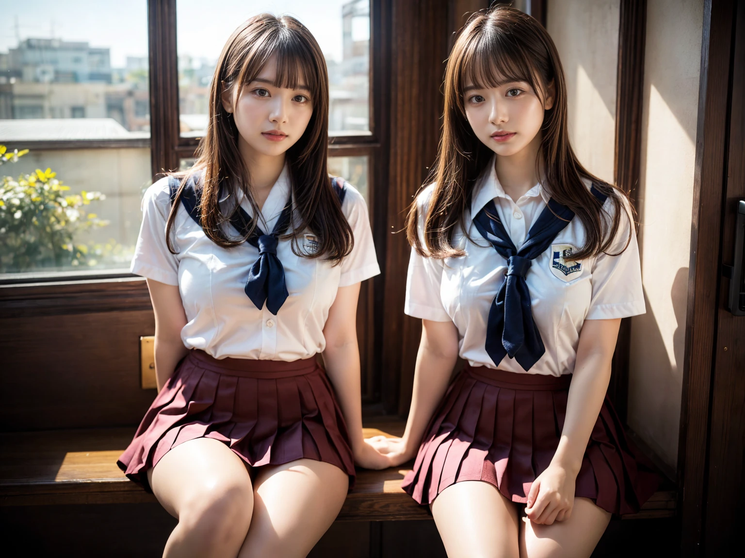 (RAW photo, 4k, masterpiece, high resolution, extremely complex) (realistic: 1.4), cinematic lighting
 ((2 girls, 2 schoolgirls)),Slam Dunk's,blushing,((innocent)),(Dark makeup),bright eyes,round eyes,blunt bangs,(straight hair:1.3),black hair,large breasts,wide hips,Summer Noon, 20 year old girl、cute type、lolita,Hot, (Best Quality), (Highres), (an Extremely Delicate and Beautiful),(Beautiful 8k face),(Brown eyes),short bob hair,( spectators),(gigantic breasts),(Play with each other,Touching each other's bodies,Touching the body),(Japanese high school uniform:1.3),blue skirt,(reality),bright lighting,(The background is a luxury hotel room)