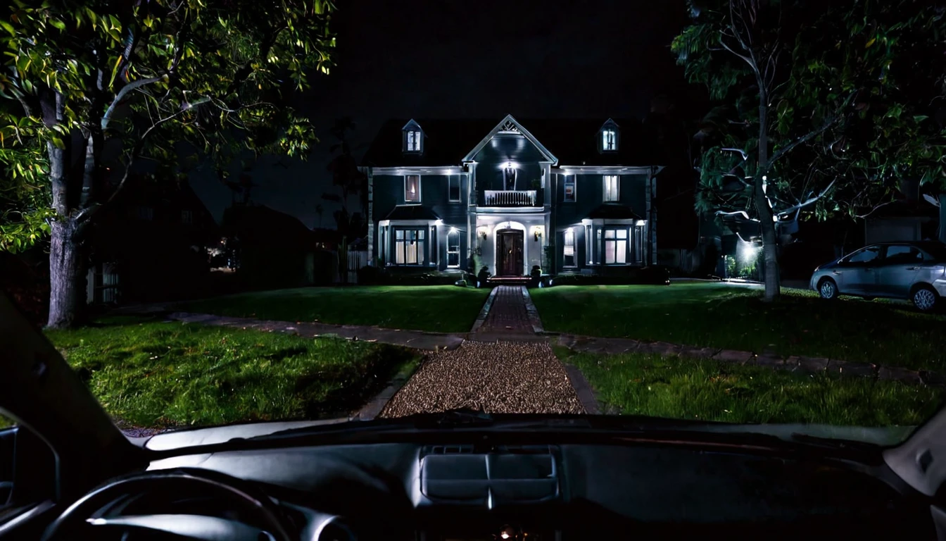 first person view, car parked in front of the house, dark night, ominous