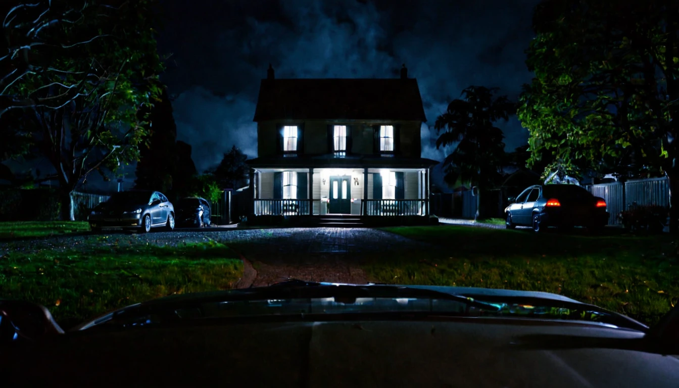 first person view, car parked in front of the house, dark night, ominous