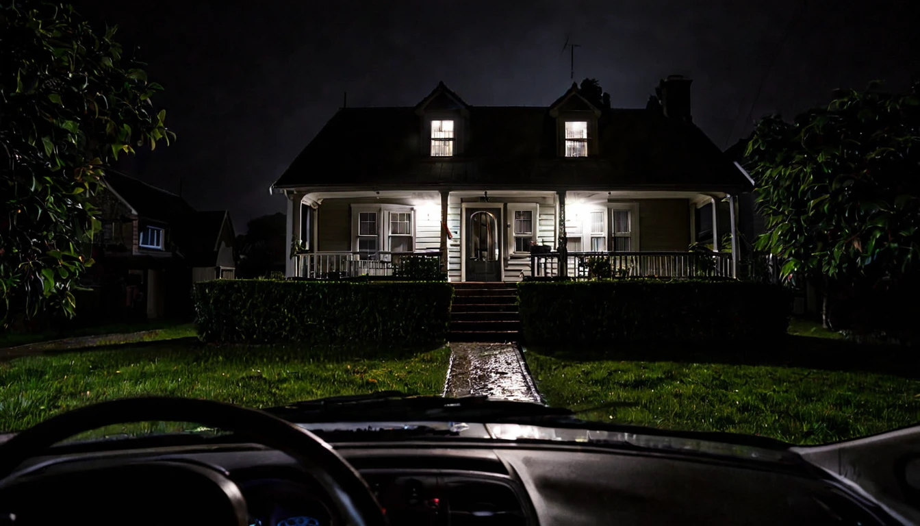 first person view, car parked in front of the house, dark night, ominous