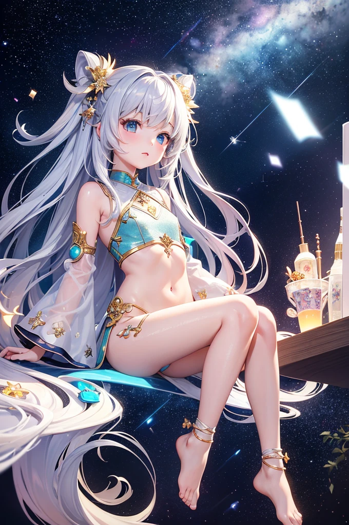li,masterpiece, high resolution, best quality, Very detailed,wallpaper,Space starry sky background,Cute and cute,White jade skin,Silver long hair,Height one meter five,Wearing a lehenga、V-shaped jumpsuit,Full body picture,No shoes,Very small feet,Feet made of white jade