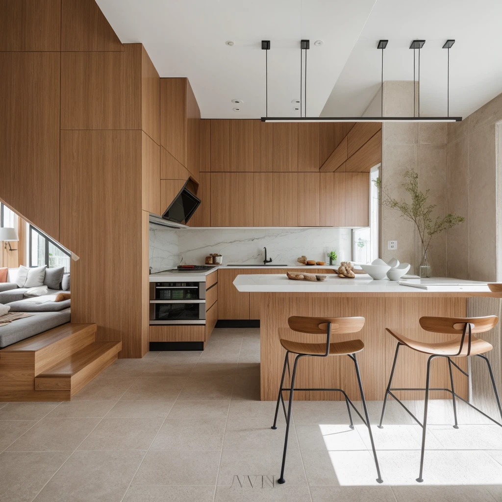 RAW photo, 8k uhd, dslr, soft lighting, high quality, film grain, Fujifilm XT3, interior of kitchen, modern style, wood, tile, sofa, table, chair, stair, tree, daylight,