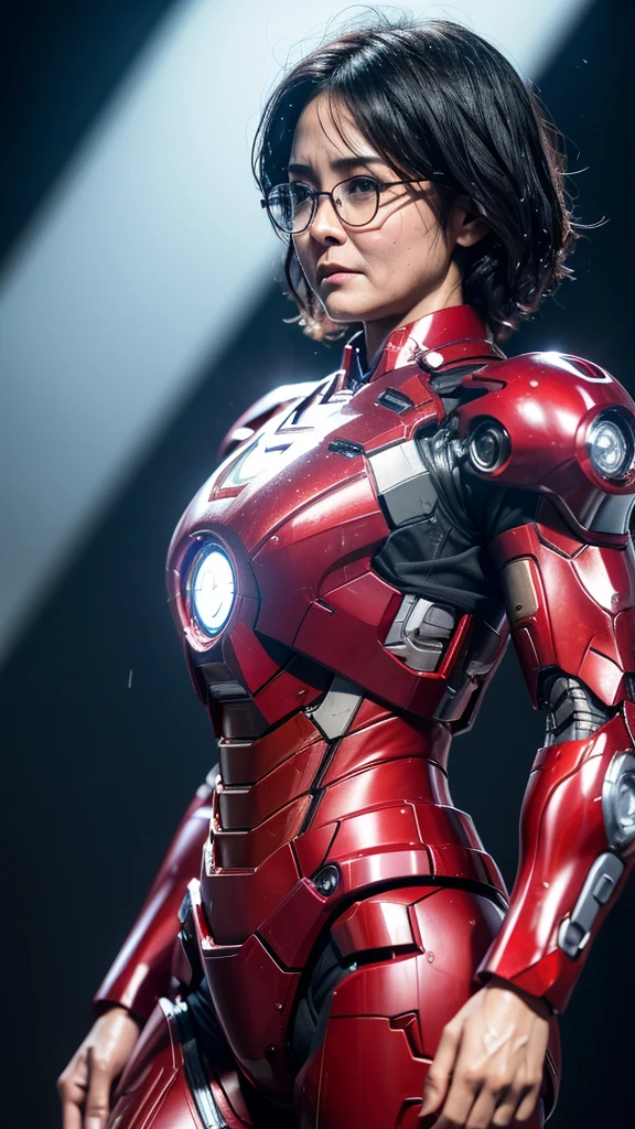 Highest quality 8k Iron Man Suit Girl Glasses Middle-aged women Sweaty face cute short hair boyish Steam coming from the head My hair is wet with sweat Black hair feel Full body portrait My upper body is soaked Spread your legs I can see the vagina front Angle from below
