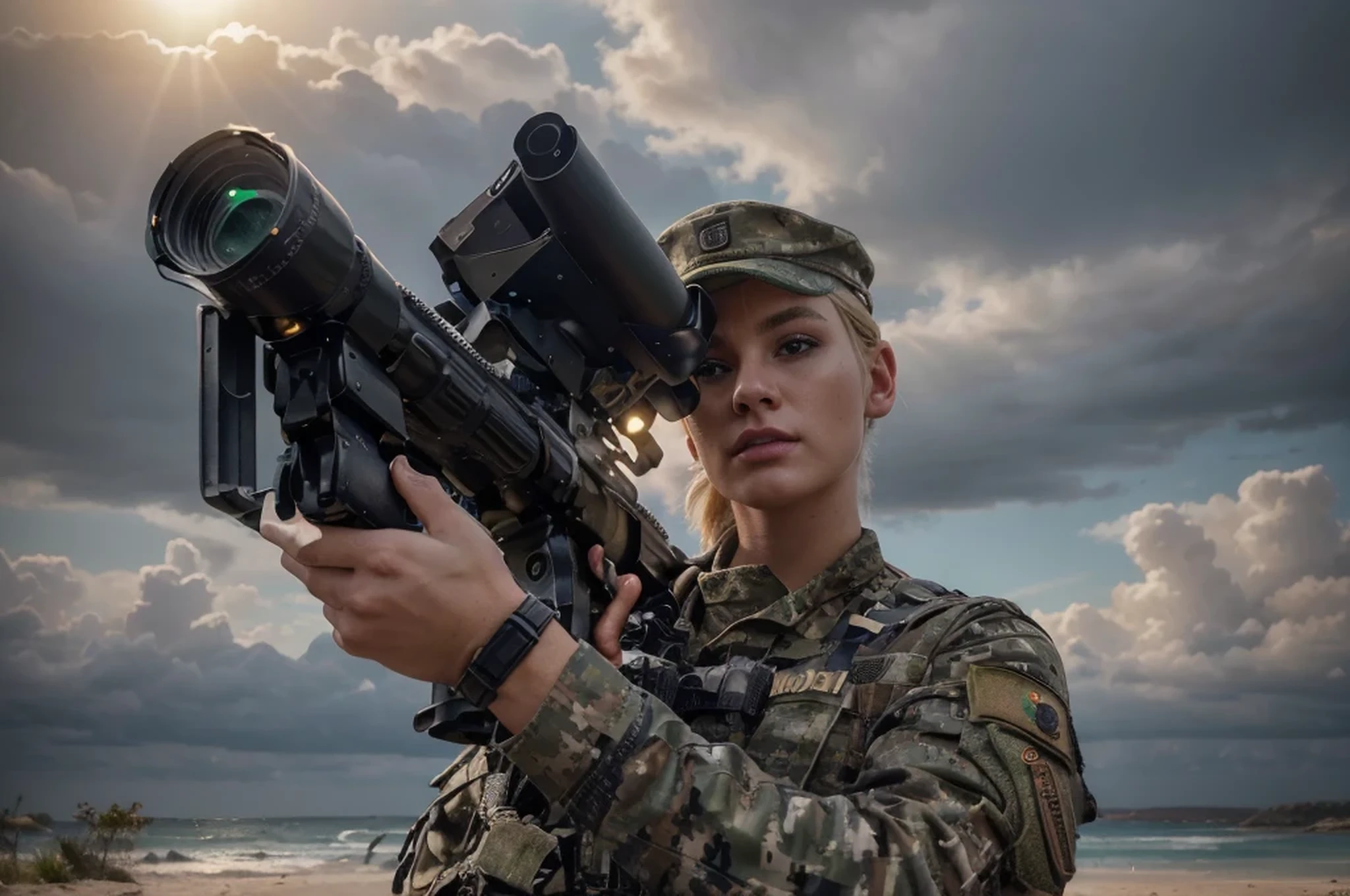 soldier, Australian features, Highly detailed face, blonde hair, very short hair, wears a military cap, dark blue, Military uniform, dark blue and green, Belt with ammunition, Black leather gloves, Highly detailed hands, a laser bazooka, advanced bazooka, cyborg, background image, Australian beach, beautiful sunset, hyperrealistic, 4k, Ultra detailed image, realistic, Highly detailed, perfect composition, gorgeous, Intricately detailed, incredibly detailed, Art photography 8K, hyper detailed, Masterpiece, Ultra detailed, hyper realistic, 4k, Ultra detailed image, realistic, Highly detailed, perfect composition, beautiful, intricately detailed, incredibly detailed, art photography 8k, hyper detailed, masterpiece