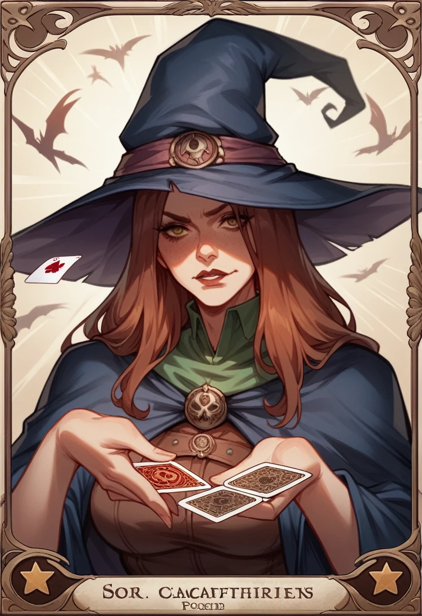 Brunette Girl, Long Hair, Witch, Sorceress, of darkness, full of powers, strong and imposing, war scene illustration, centred image, a single image on a single card, with golden Bronze and Silver borders,