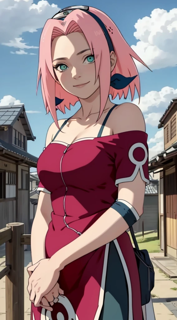 Masterpiece， The best quality at the best.， 1 girl， Sakura Haruno， big breasts，Off the shoulder clothing，（neckline)，Closeup of upper body，Sexy servant，Is shy，with pink hair， long white hair， green eyes， forehead protection， smile， both hands on hips， blue sky， clouds， hidden town