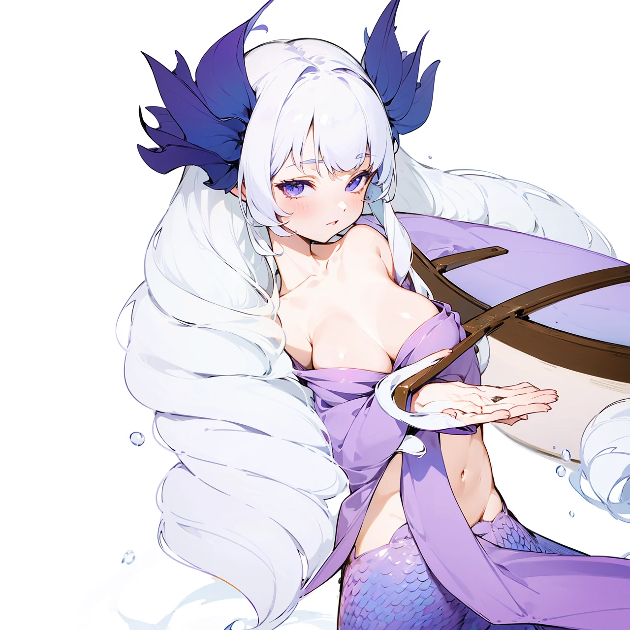 Anime girl with curly white hair with mermaid tail fins on hips,purple top and piece of long clothes, looking on the boat while guiding it with her hand as she's floating on the water