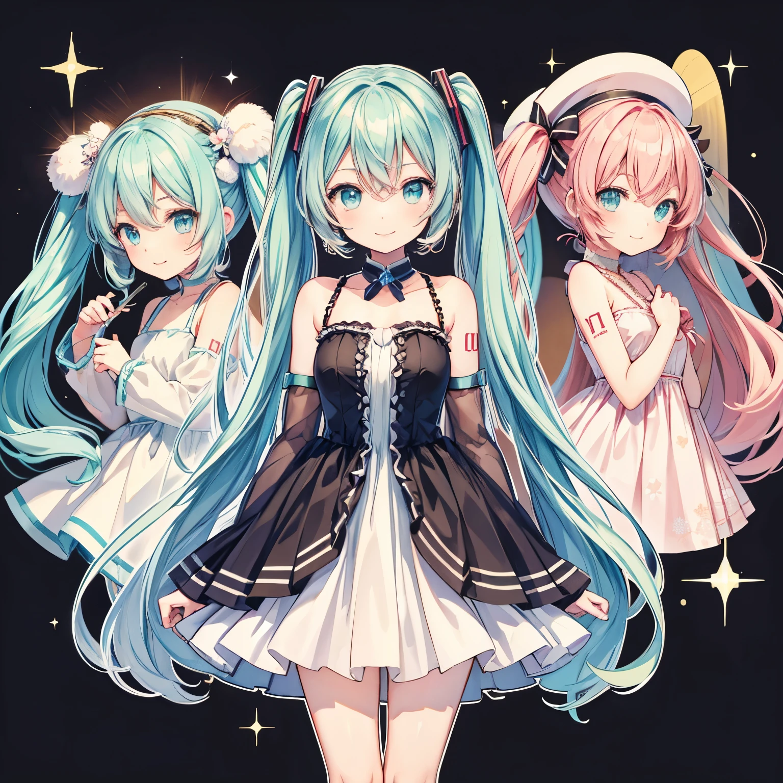 hatsune  miku、megurine luka、Charming smile、fluffy、Four Girls、Chibi Character、highest quality、Thin dress