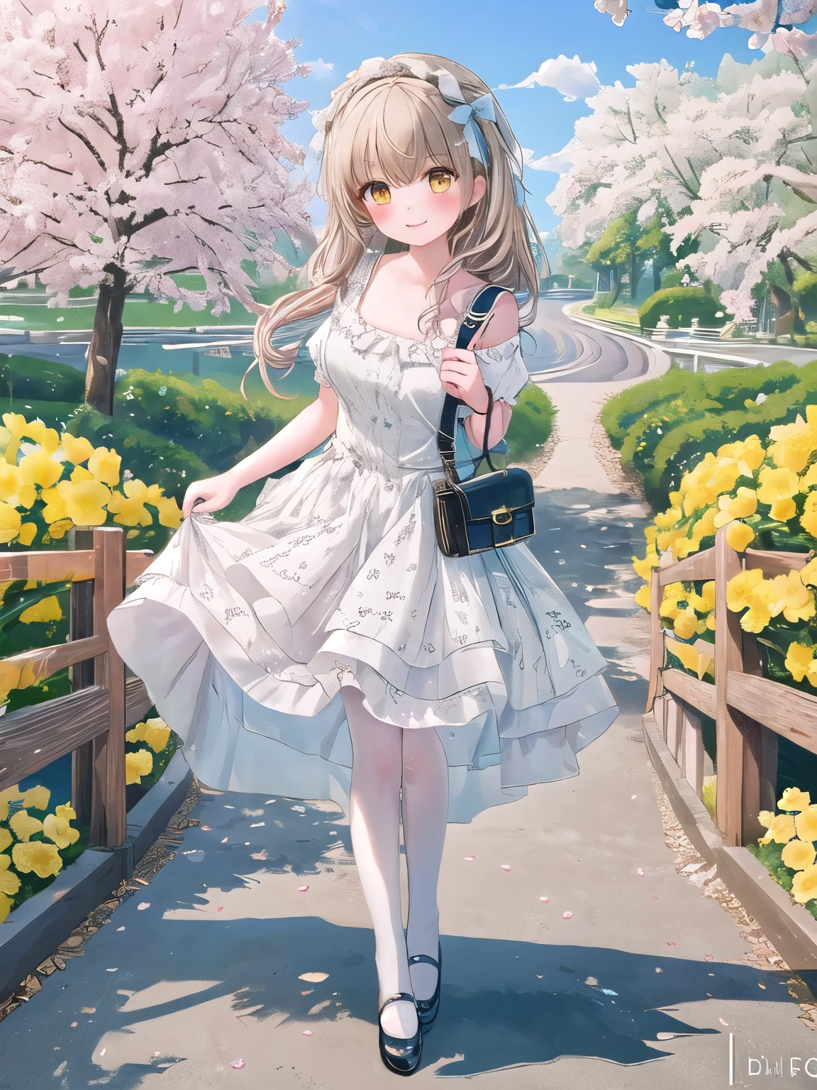 Masterpiece, hd, 2d, a girl with a cute dress, frilled dress, party dress, An incredibly charming carrying a purse, (purse:1.2), enjoying a lovely spring outing surrounded by beautiful yellow flowers and natural scenery. The illustration is in high definition at 4k resolution, fullbody 