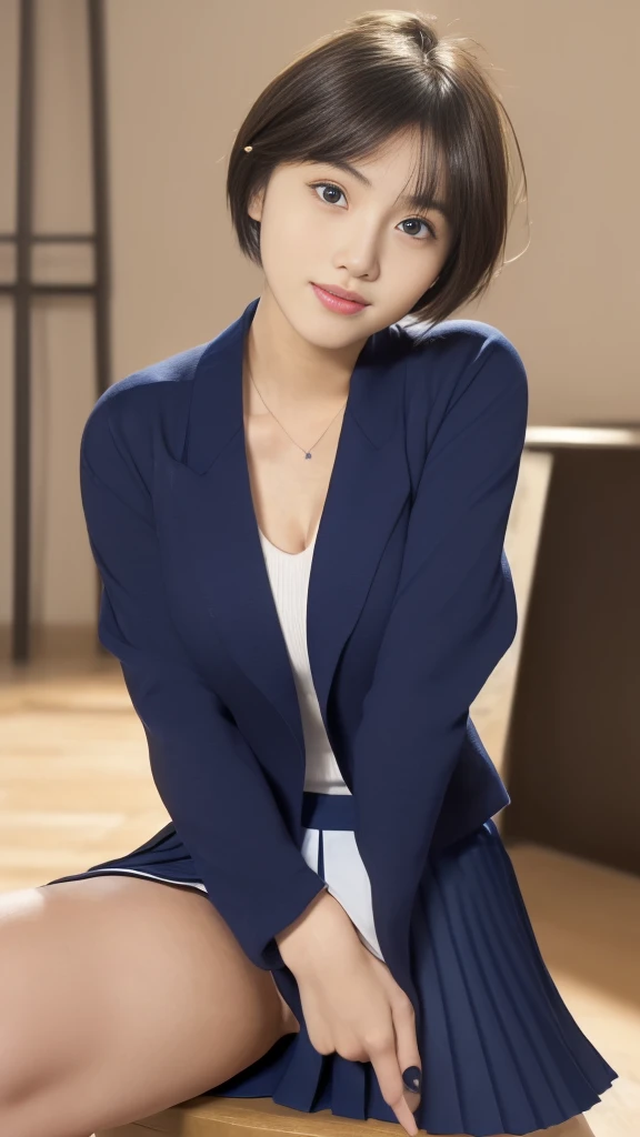 Best-quality, Masterpiece, Ultra-High-Resolution, (Photorealistic:1.4), Raw-Photo, Extremely-Detailed, Perfect-Anatomy, 

1girl, 18-years-old, the famous Japanese idol, front view, sitting on luxury chair, innocent smile, (((spread legs))), (((hands on head))), (((wearing only navy-blue-pleated-skirt on lower-body, wearing only navy-blue-blazer on upper-body))), ((extremely cute face like a most popular Japanese idol, extremely beautiful large-black-solid-circle-eyes, extremely beautiful blonde short-cut-haired)), extremely beautiful lips, extremely beautiful white skins, extremely beautiful long-eyelashes, extremely beautiful inner-thighs, extremely beautiful legs，Super huge breasts，Cleavage