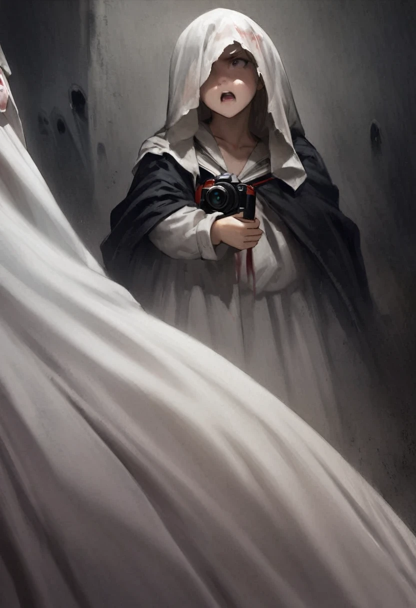 spirit photography、camera、Ghost photos、ghost、Midsummer、picture、Horror、occult、fear、Creepy、Girl、Girl、Short、Younger、Lower school year、Baby Face、flat chest、Both eyes open、Glaring、Dynamic Angle、masterpiece、best quality、ultra-detail、ectoplasm、grim Reaper
