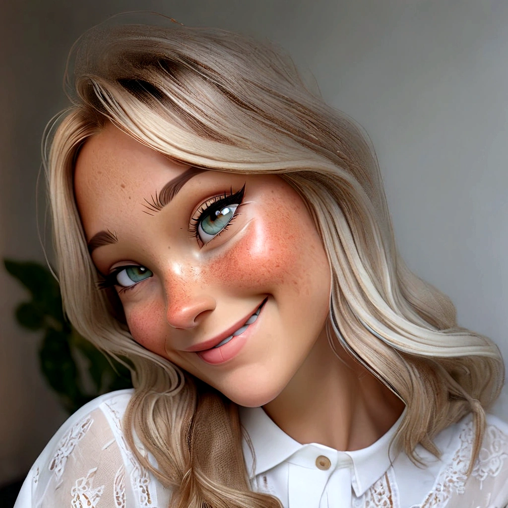 blond woman with freckled hair and a white shirt smiling, kailee mandel, profile image, inspired by Károly Lotz, blonde hair and large eyes, close up of a blonde woman, daniela uhlig, karolina cummings, brunette with dyed blonde hair, blonde swedish woman, holly bruce, magdalena andersson, headshot profile picture
