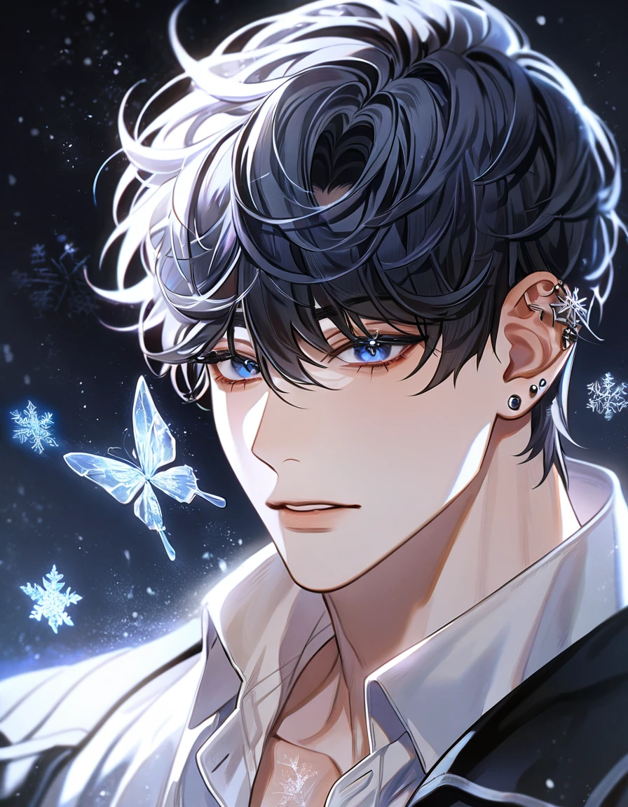 absurdres, highres, ultra detailed, HDR, master piece, best quality, delicated features, Kang Woojin, black messy hair, expressive dark blue eyes, ear piercings, Love Jinx, solo, sexy man, handsome, black coat, white shirt, snowflakes, ice butterflies, starry sky, moonlight, magical, fantasy