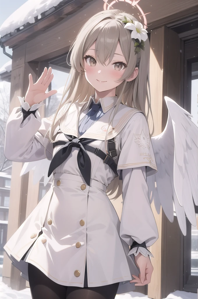 (masterpiece:1.3), (absurdres:1.3), (best quality:1.3), (ultra-detailed:1.3), snow, outdoors, upper body, waving, smile, 1girl, nagisa-fi, halo, white wings, long sleeves, white dress, sailor collar, capelet, white skirt, black pantyhose,