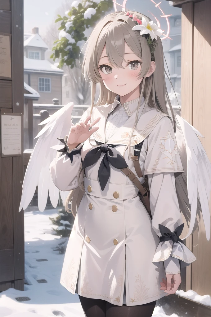 (masterpiece:1.3), (absurdres:1.3), (best quality:1.3), (ultra-detailed:1.3), snow, outdoors, upper body, waving, smile, 1girl, nagisa-fi, halo, white wings, long sleeves, white dress, sailor collar, capelet, white skirt, black pantyhose,